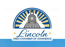 Logo for Lincoln Area Chamber of Commerce featuring a steam locomotive, sun rays, and a blue banner.