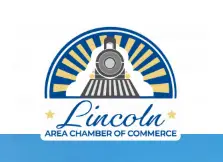 Logo for Lincoln Area Chamber of Commerce featuring a steam locomotive, sun rays, and a blue banner.