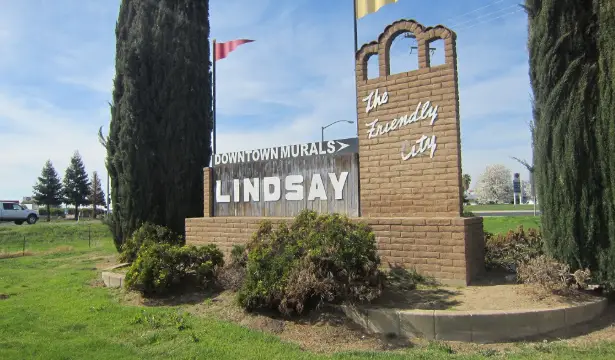 Welcome sign for Lindsay, 'The Friendly City,' with 'Downtown Murals' and large 'LINDSAY' lettering, set in brick monument with greenery nearby.