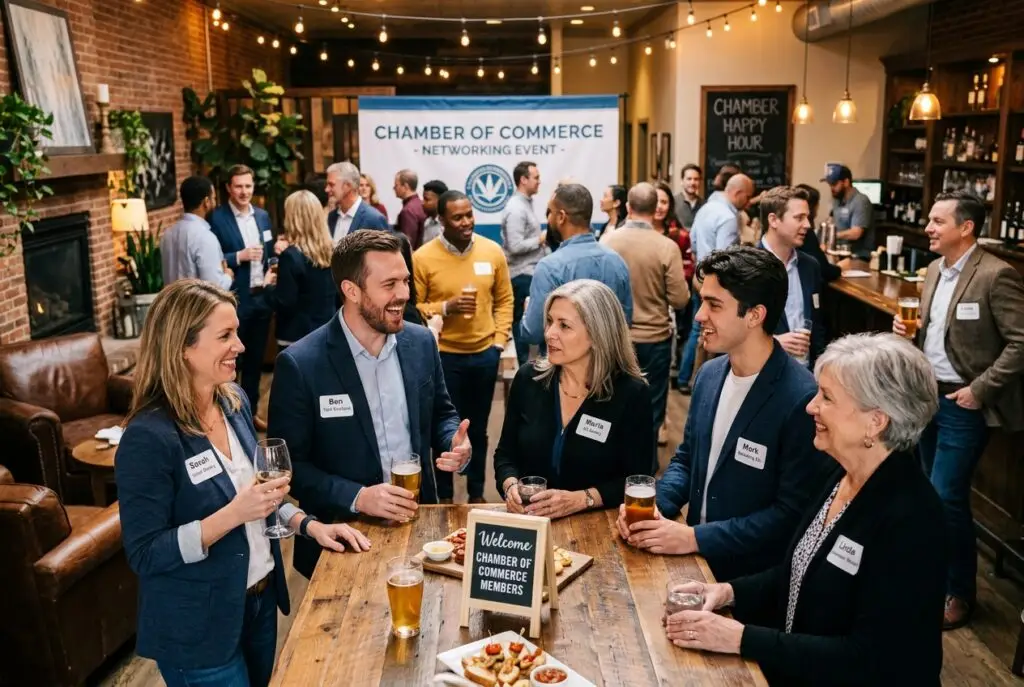 Chamber of Commerce Memebership A casual meeting of chamber - Official Chambers Professionals mingle at a Chamber of Commerce networking event around a wooden table with drinks.